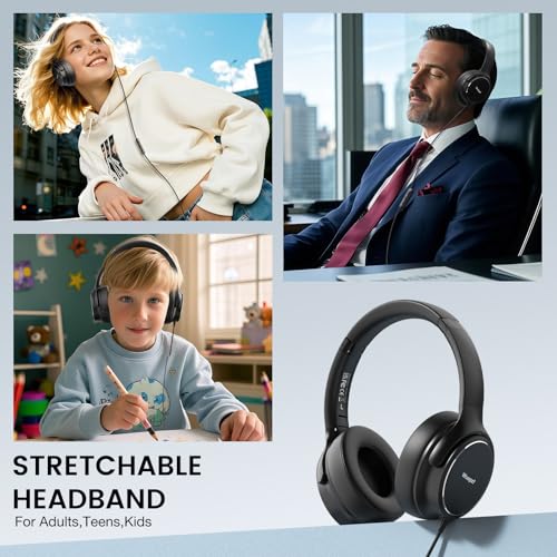 USB C Wired Over-Ear Headphones with Microphone | Volume Control, Share Port, Adjustable Headband Foldable Stereo Headset for Adult/Teens for iPhone 16, Laptop, Gaming, Travel - color: New Black