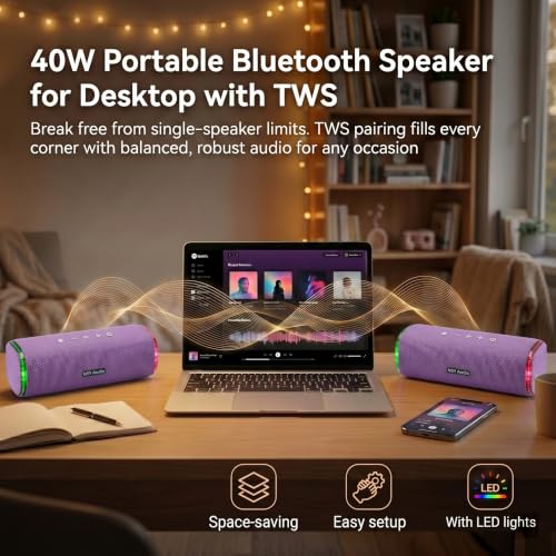 40W Bluetooth Shower Speaker, IPX7 Waterproof Floating Pool Speaker with Interactive Tap-to-Play Drum Beats, 25H Playtime, LED Lights, Built-in Mic for Hands-Free Calls in Bathroom, Purple - color: Purple