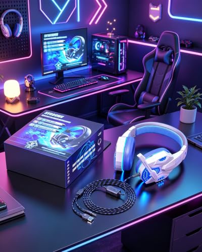 Gaming Headset with Mic RGB Light, 3D Surround Sound, Noise Cancelling Over Ear for PS4 PS5 Xbox One Switch, Lightweight 40mm Driver, Breathable Earmuffs & Durable Braided Cable (White) - color: White