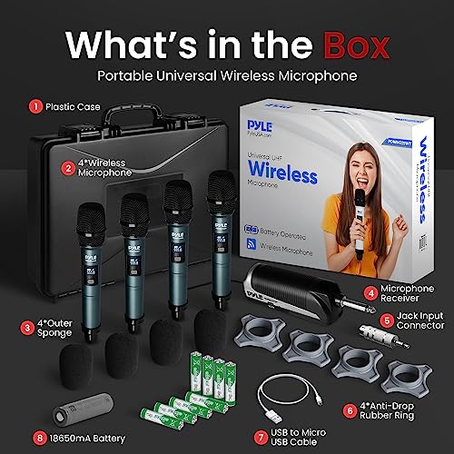 Pyle Portable UHF Band Receiver System, 4 Channel Wireless Microphone System Independent Channel Controls, RF Signal LCD Indicator, Digital Audio Microphone Set with 4 Handheld Microphones - style: 4UHF-GREEN
