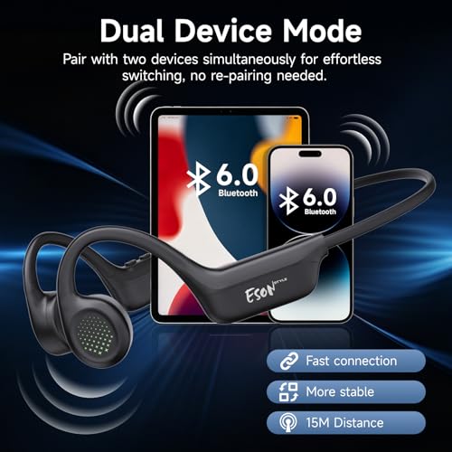 esonstyle Bone Conduction Headphones Bluetooth 6.0 - IPX7 Waterproof | Bone Conduction Earphones with Mic, 10H Play Time, Wireless Open Ear Earbuds for Running Walking Cycling - color: Black