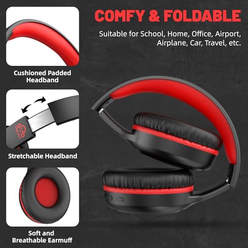 UKELALA U2B ANC Wired & Wireless Bluetooth 6.0 Headphones Foldable with Mic | Up to 30 Hrs Battery, Noise Canceling Foldable Lightweight Head phones with Volume Control‌ for Kids Adult School Black Red - color: Red/Black