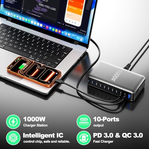 1000W USB C Charger GaN Fast USB C Charging Station Hub，10-Ports PD 140W Laptop Charging Adapter Compatible with MacBook Pro/Air,iPhone,DELL,Steam Deck,Galaxy,Google
