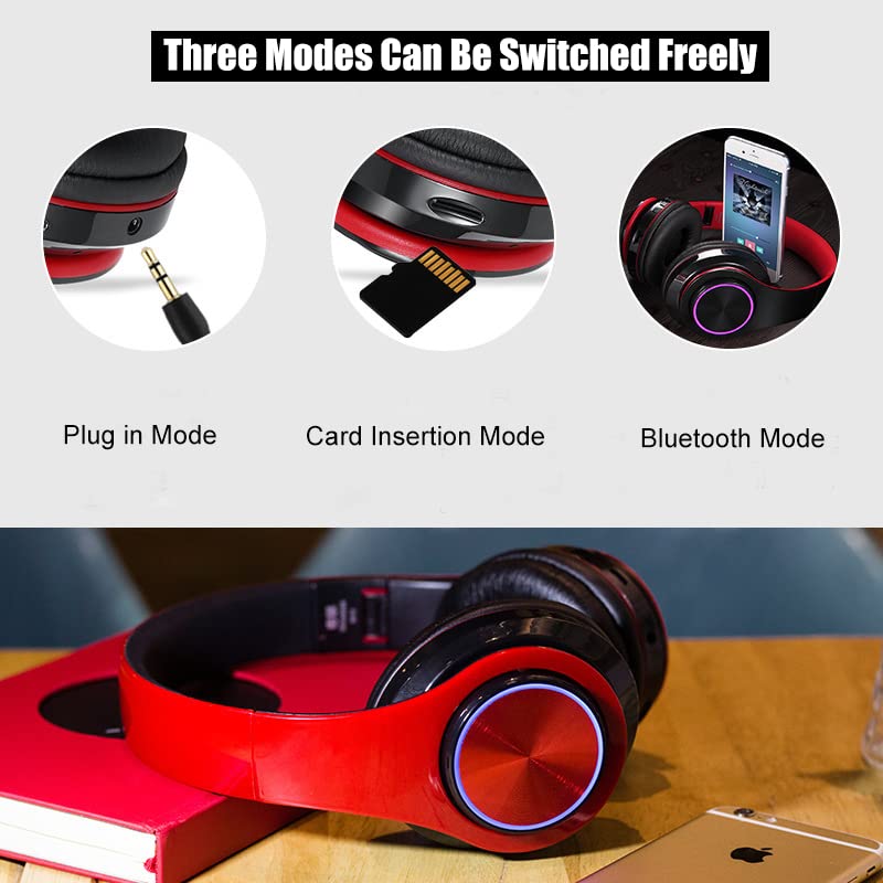 LED Bluetooth Over Ear Headphones, Foldable Wireless Headset with Mic Red | 40mm Driver, Wired & Wireless Dual Mode, Colorful Rhythm LED Lights, Lightweight Comfort Fit, for Adults Home Travel Gift - color: Red Black