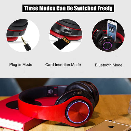 LED Bluetooth Over Ear Headphones, Foldable Wireless Headset with Mic Red | 40mm Driver, Wired & Wireless Dual Mode, Colorful Rhythm LED Lights, Lightweight Comfort Fit, for Adults Home Travel Gift - color: Red Black