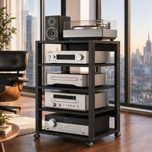 5 Tier Audio Rack Tower, CD Record Player Stereo Receiver AV Equipment Cabinet Display Rack, Weight Capacity 661 lbs, with Adjustable Wooden Shelves for Home (5 Tier Black) - size: 5 Tier Black