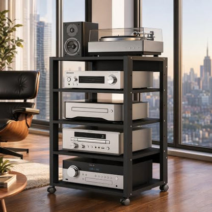 5 Tier Audio Rack Tower, CD Record Player Stereo Receiver AV Equipment Cabinet Display Rack, Weight Capacity 661 lbs, with Adjustable Wooden Shelves for Home (5 Tier Black) - size: 5 Tier Black