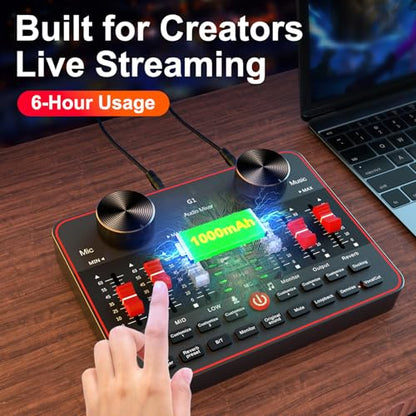 Audio Mixer, Sound Board for Pc/Phone Live Streaming Singing Gaming, Audio Interface for 3.5mm Microphone, Live Sound Card with DJ Mixer Effects & Voice Changer, Denoise, Bluetooth Podcast Mixer