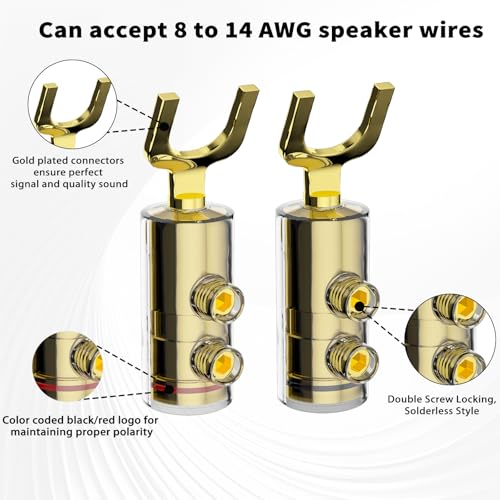 Preffair 24k Gold Plated Y Spade Plug 8-14 AWG Gauge Size 4mm Speakers Amplifier Hi-Fi AV Stereo Home Theatre Audio Wire Cable Double Screw Connector, 4 Pcs/2Pairs (Gold Plated, SY1538) - color: Gold Plated, size: SY1538