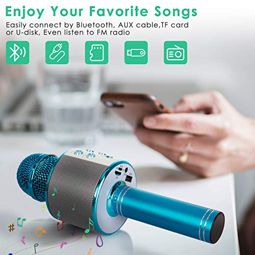 KIDWILL Wireless Bluetooth Karaoke Microphone for Kids, 5-in-1 Portable Handheld Karaoke Mic Speaker Player Recorder with Adjustable Remix FM Radio for Kids Girls Boys Teens Birthday (Blue)