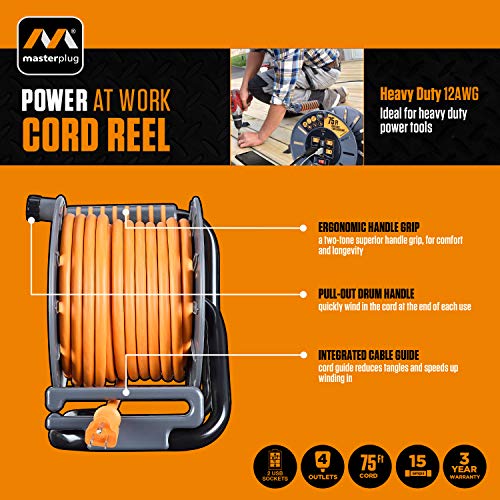 Masterplug 75ft Cord Reel, Retractable Extension Lead with Winding Handle, Safety Overload Circuit Breaker and Power Switch, 4x Grounded Outlets, 2x USB Ports, 15amps, 12AWG Cable - size: 75ft, style: 12 AWG