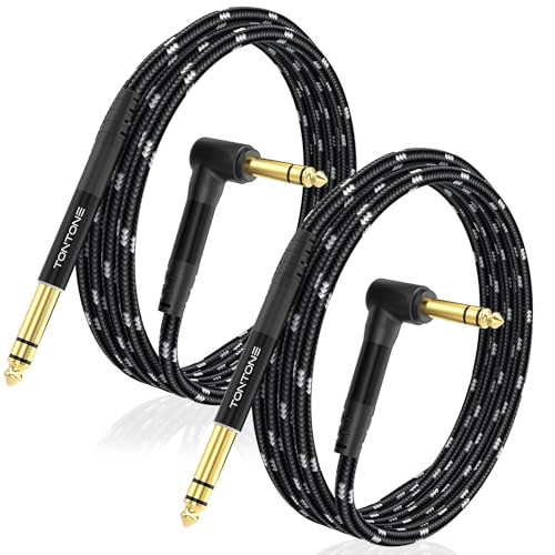 1/4 Inch TRS Cable Right Angle to Straight 2-Pack 10FT, 6.35mm Balanced 1/4 Audio Cable for Electric Guitar Bass Keyboard Mixer Amplifier Speaker - size: 10 FT