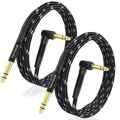 1/4 Inch TRS Cable Right Angle to Straight 2-Pack 10FT, 6.35mm Balanced 1/4 Audio Cable for Electric Guitar Bass Keyboard Mixer Amplifier Speaker - size: 10 FT