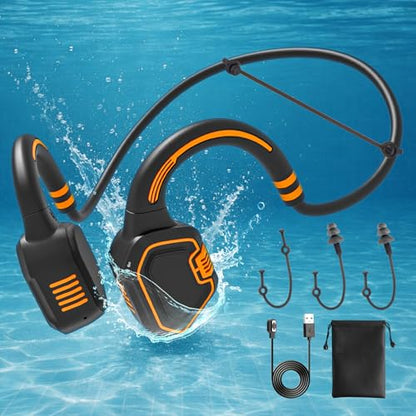 Bone Conduction Swimming Headphones, IP68 Waterproof Open-Ear Bluetooth 5.3 with 32GB MP3 Player - color: Orange