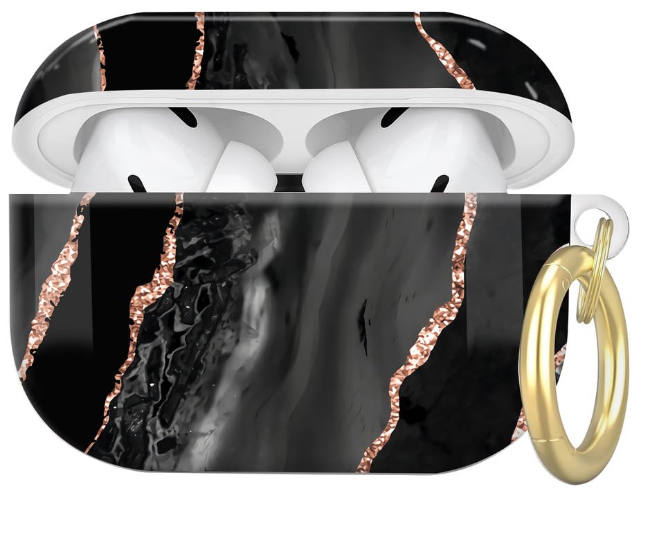 Compatible with AirPod Pro 2nd//1st Generation Case Cover with Key Chain,Full Protective Shockproof Wireless Headphone Case for Airpod Pro 2023/2022/2019(Black Rose Gold Marble) - color: Black Rose Gold Marble