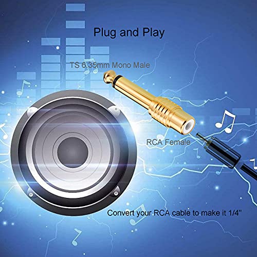 RCA to 1/4, 2Pcs RCA to 1/4" Adapter Female to 6.35mm 1/4 inch Male Mono TS Audio Adaptors Gold Plated Copper