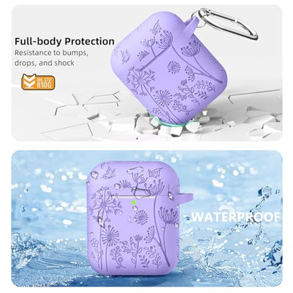 Lerobo for AirPod Case 2nd/1st Generation with Keychain | Flower Engraved Silicone Protective Cover for AirPods 2 Case, Wireless Charging, Shockproof, One-piece Design, Bluish Violet - color: Bluish Violet