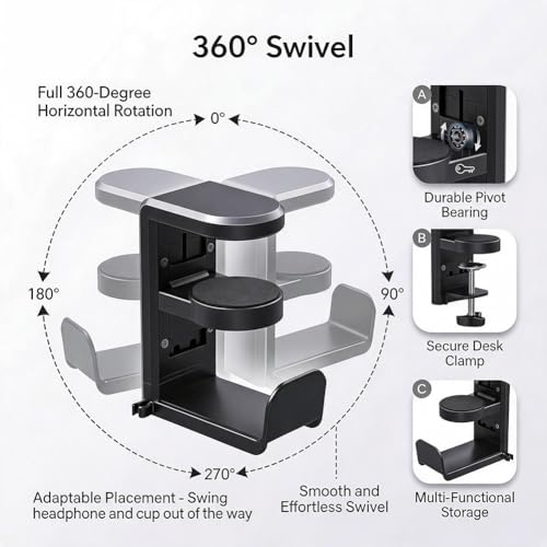 360° Rotating Headphone Hanger, Under Desk Headset Holder, Clamp‑On Headphone Stand for All Over‑Ear Headphones,Black - color: Black