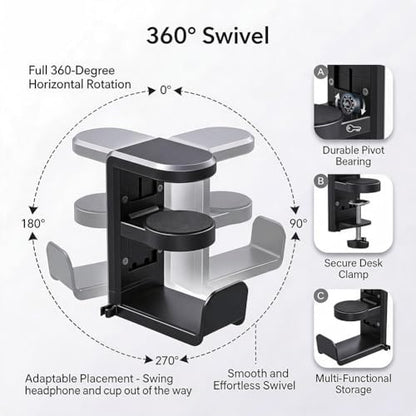 360° Rotating Headphone Hanger, Under Desk Headset Holder, Clamp‑On Headphone Stand for All Over‑Ear Headphones,Black - color: Black