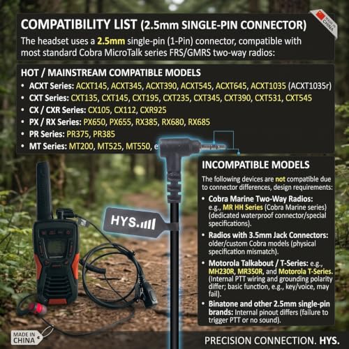 HYS G Shape Ear Hook Walkie Talkie Earpiece for Cobra CXT195 CX112 Radio | for Cobra MicroTalk FRS Radios with 2.5mm Jack CX112 CXT195 ACXT1035 ACXT545 PX655 RX385 RX685,for Secure Contact&Durability - size: 6pcs-right-angle 2.5mm plugs