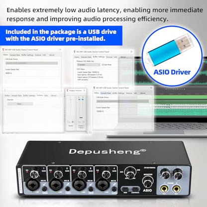 Depusheng USB Audio Interface with ASIO Drivers, 24Bit 192Khz, Phantom Power +48v, Low Latency for Home Studio Recording, PC/MAC Compatible (4 CHANNEL)