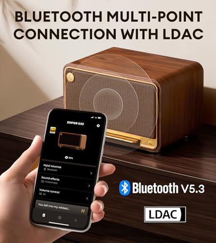 Edifier D32 Retro Wooden Tabletop Wireless Speaker AirPlay2, Brown | 60W RMS, Dual Hi-Res, Bluetooth5.3, Hi-Res Audio, ALAC, LDAC, 11H Battery, DSP Crossover, MDF Retro Cabinet, USB-C, AUX Input - color: Brown