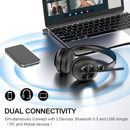 Voistek Wireless Headset with Mic for Work,Bluetooth Headphones for PC | Noise Cancelling Mic,USB Dongle & Mute Button,50H Battery Compatible with Laptop,Teams Zoom,Call Centre,Home Office