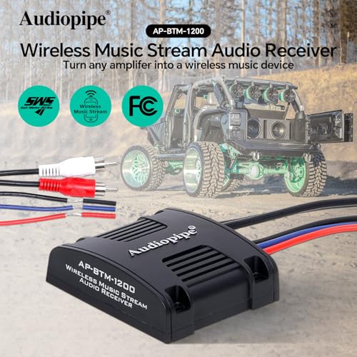 Audiopipe Marine 무선 음악 스트림 오디오 수신기 (AP-BTM-1200), Blutooth 5.0 어댑터, RCA 스테레오 출력, 해양, ATV, UTV, 골프 자동차, 홈 뮤직에 적합
