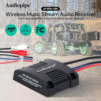 Audiopipe Marine 무선 음악 스트림 오디오 수신기 (AP-BTM-1200), Blutooth 5.0 어댑터, RCA 스테레오 출력, 해양, ATV, UTV, 골프 자동차, 홈 뮤직에 적합