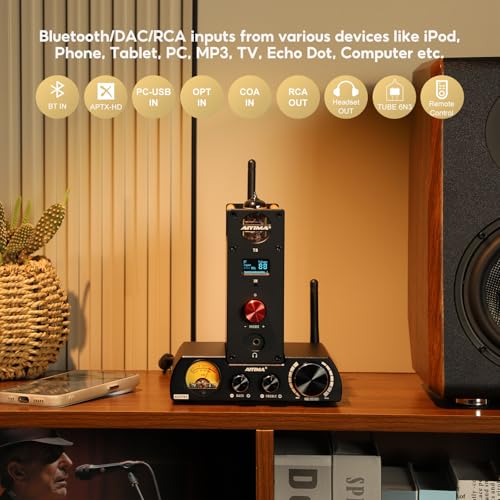 AIYIMA T8 6N3 Digital Tube Preamplifier Bluetooth 5.0 Hi-Fi Headphone Preamp Decoder Preamp PC-USB DAC APTX for Home Wireless Receiver Audio Stereo Amplifier + with Remote Control