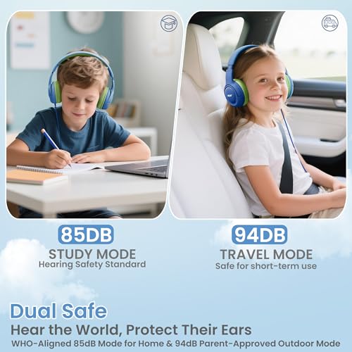 Acer USB‑C Kids Headphones for School, 85‑94dB Limiter, w/Mic HK03C | Foldable Wired Over Ear Headphones, for Toddler School/Travel/iPad/Tablet, Blue‑Green - color: USB-C Green Blue