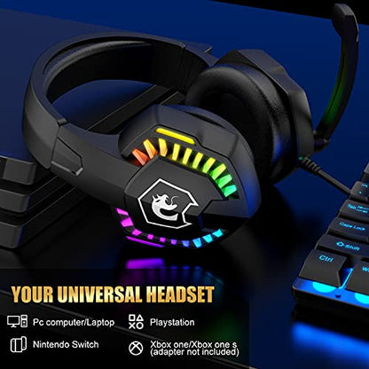 Wired Gaming Keyboard and Mouse Headset Combo,Rainbow LED Backlit Wired Keyboard,Over Ear Headphone with Mic,Rainbow Backlit Gaming Mice,Mouse Pad,for PC,Laptop,Mac,PS4,Xbox(Black) - color: Black