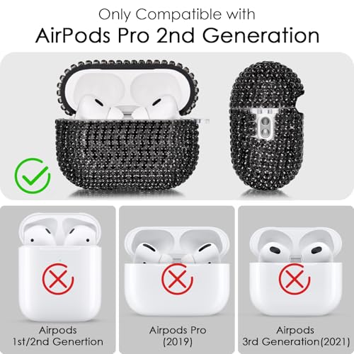 VISOOM Bling Airpods Pro 2nd Generation Case - AirPods Pro 2 Case Cover with Lanyard Women 2024 Crystal iPod Pro 2 Wireless Charging Case Keychain for Apple Airpod Gen Pro 2 (Black) - color: J-Black, size: Airpod Pro 1/2(19/22/23)