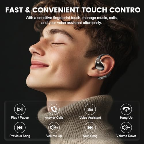 Open-Ear Headphones, Bluetooth 6.0 Wireless Earbuds Powerful Sound, 40H Open Ear Earbuds with ENC Mic, Adjustable Ear Hooks/IP7 Waterproof/Ultra-Comfort Earphones for Workouts/Running, Black