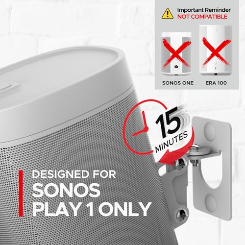 Sound Bass Play 1 Wall Mount, White, Single (1pc) Adjustable Tilt & Swivel | Compatible with Sonos Play:1 Only, Adjustable Swivel & Tilt Mechanism,Includes All Mounting Fixings - color: White