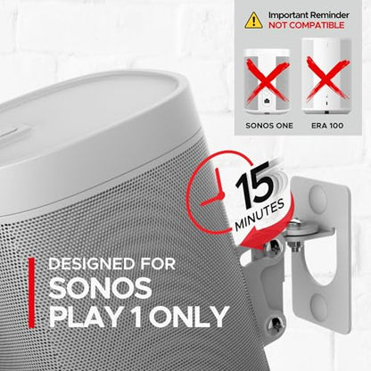 Sound Bass Play 1 Wall Mount, White, Single (1pc) Adjustable Tilt & Swivel | Compatible with Sonos Play:1 Only, Adjustable Swivel & Tilt Mechanism,Includes All Mounting Fixings - color: White