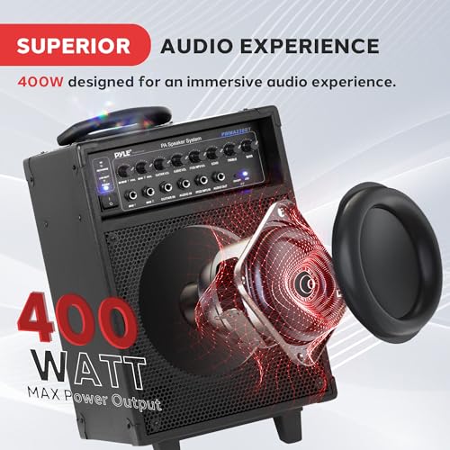 Pyle Wireless Portable PA System-400W Bluetooth Compatible Rechargeable Battery Powered Outdoor Sound Stereo Speaker Microphone Set w/Handle, Wheels-1/4 to AUX, RCA Cable (PWMA230BT) - size: 8 inch