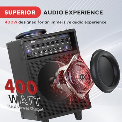 Pyle Wireless Portable PA System-400W Bluetooth Compatible Rechargeable Battery Powered Outdoor Sound Stereo Speaker Microphone Set w/Handle, Wheels-1/4 to AUX, RCA Cable (PWMA230BT) - size: 8 inch