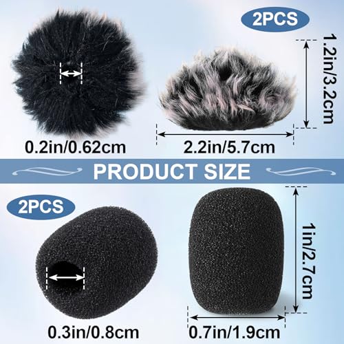 PAGOW 4Pcs Mini Foam Microphone Windscreens＆Furry Cover, Mic Headset Cover | Black High Density Lapel Microphone Windscreen for Lavalier Microphones Noise Reduction (2pcs Foam + 2pcs Furry) - color: black,Foam(2pcs),Furry(2pcs)