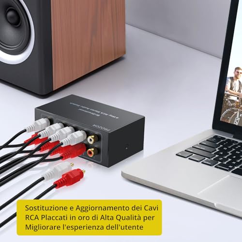 PROZOR RCA Stereo Audio Switcher - 2 in 1 Out R/L Stereo Audio Switch, 1 in 2 Out Stereo Audio Switcher Selector with Mute Button and No External Power Required (Black 4-1) | Bi-directional switcher, gold-plated interface, Includes 1.5m/4.9ft RCA cable fo