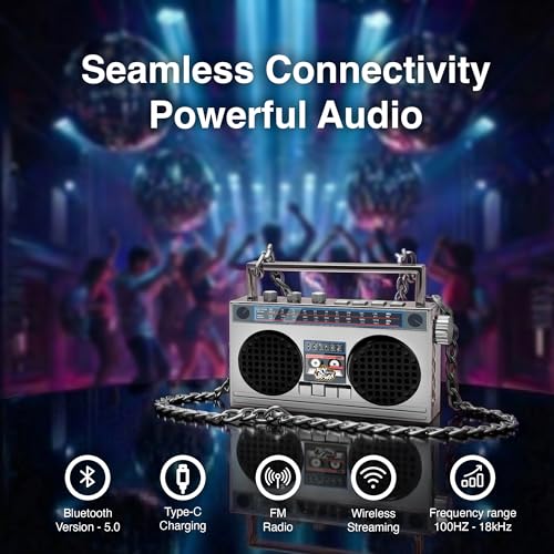 Portable Bluetooth Speakers, Retro Speakers Bluetooth Wireless Wearable | Mini Bluetooth Boombox with 27” Neck Chain, FM Radio, On-Board Buttons, Dual 3W Peak Power Bluetooth Speaker for Anywhere - color: Silver