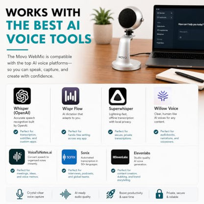 Movo WebMic USB Dictation Microphone in Silver – Cardioid for Vibe Coding - color: Palladian Silver