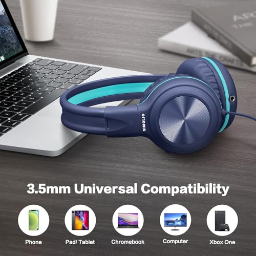 SIMOLIO 2 Pack Wired Headphones with Share Port, Foldable Headset with MIC | Manyshare Series, Durable for Teen Girls Boys, Over Ear Headset w/ Volume Limited for Tablet PC Chromebook School Travel Gift - color: Pink & Deep Blue 3.5mm