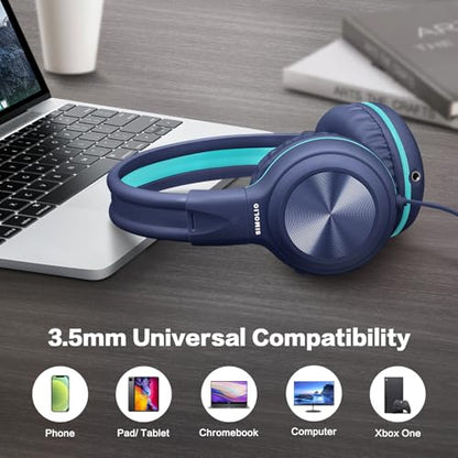 SIMOLIO 2 Pack Wired Headphones with Share Port, Foldable Headset with MIC | Manyshare Series, Durable for Teen Girls Boys, Over Ear Headset w/ Volume Limited for Tablet PC Chromebook School Travel Gift - color: Pink & Deep Blue 3.5mm