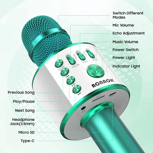 BONAOK Wireless Bluetooth Karaoke Microphone, 3-in-1 Portable Handheld Mic Speaker for All Smartphones, Gifts for Boys Kids Adults All Age Q37(Green) - color: Green