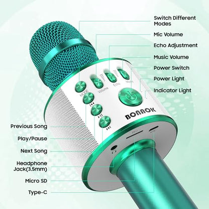 BONAOK Bluetooth Karaoke Microphone, Portable Mic for Adults Kids | Bluetooth 5.0, Echo Mode,Built-in Speaker, SD Card, for iPhone iPad, Handheld,Home Karaoke,Party,Gifts - color: Green