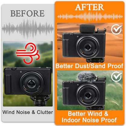 SOULWIT 2Pcs Windscreen Wind Muff for Sony ZV-1F/ZV-E10/ZV-1/ZV-E1/ZV-1 II Vlog Cameras, Cold Shoe Adapter with Furry Windshield + Mic Cover - Black