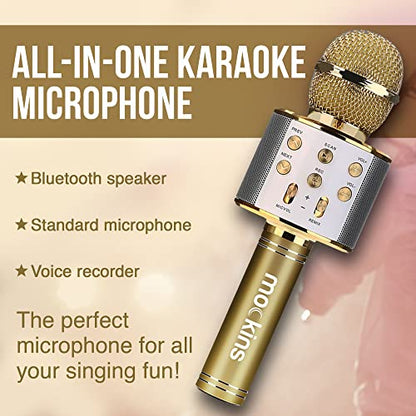 Mockins Gold Bluetooth Karaoke Microphone for Kids with Built in Bluetooth Microphone Wireless Speaker | Wireless Mic Karaoke Compatible with iPhone & Android | All-in-One Mic - color: Gold