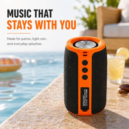 Musibaby M68 Bluetooth Speaker, 12W, IPX5, 24H Playtime, OrangeBlack | Portable, small and compact with USB playback, AUX input, FM radio, TF card playback, up to 24H and dual pairing. - color: OrangeBlk
