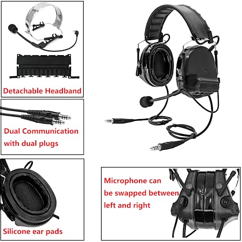 HEARFALCOM Dual Communication Tactical Headset with PTT Adapters U94 PTT Compatible with UV-5R, UV-82 Walkie Talkie Suitable for Airsoft Sports, Hunting, Hearing Protection(BK) - color: Black